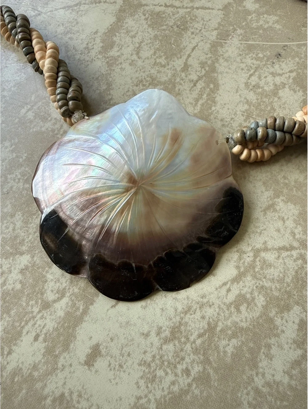 Vintage Mother of Pearl Shell Pendant Necklace Twisted Heshi Bead 24 Inch